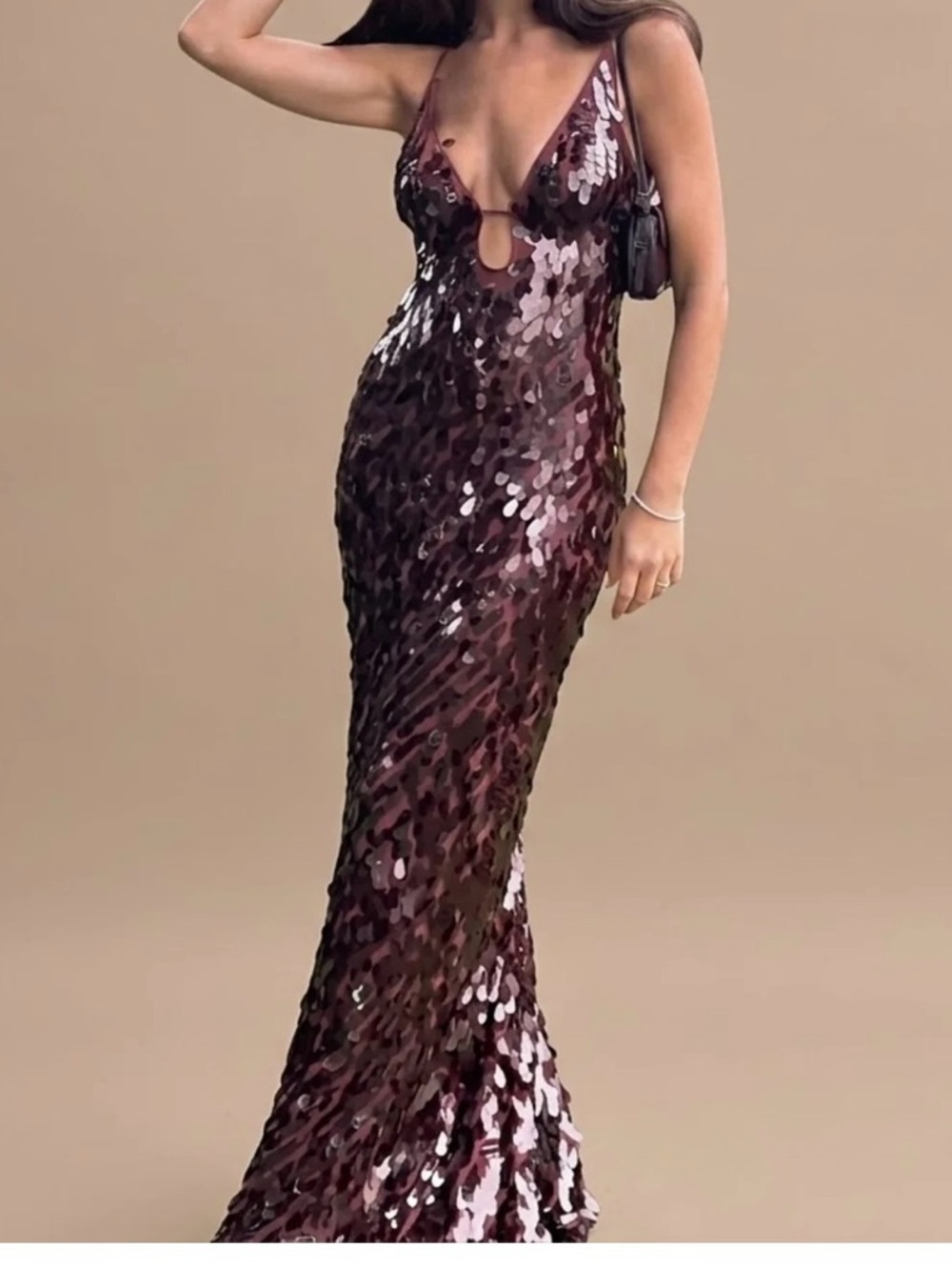 Sequined Plunge Evening Gown in Deep Berry